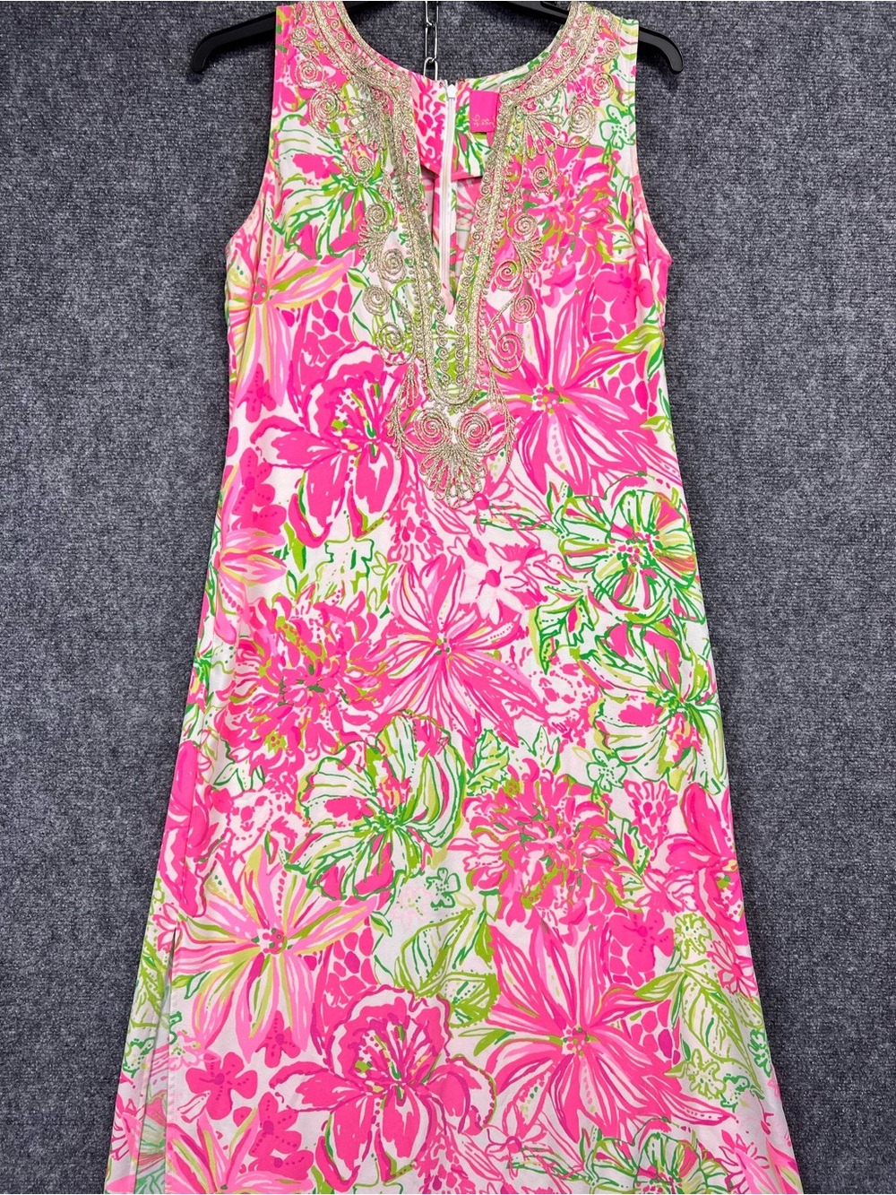 Lilly Pulitzer Pink and Green Floral Maxi Dress with Embellished Neckline